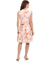 London Times Women's Floral Print Cap Sleeve Fit & Flare Dress
