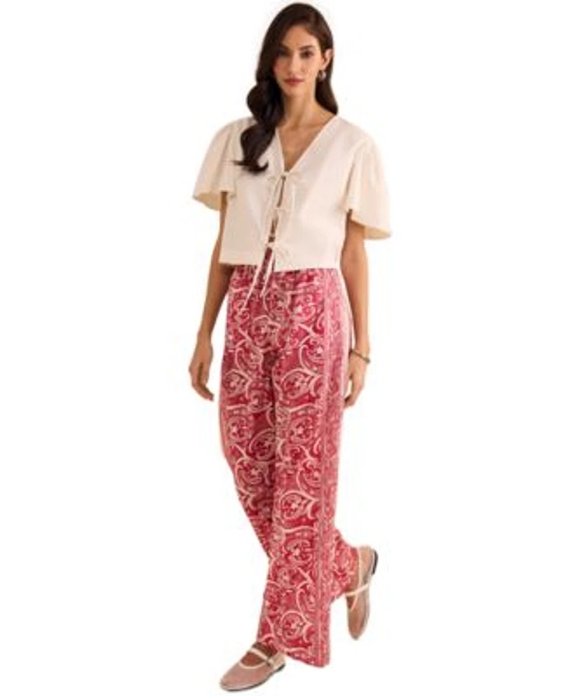 1.State Womens Tie Front Flutter Sleeve Blouse Printed Wide Leg Pull On Pants