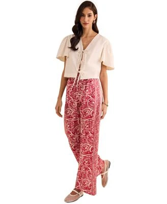 1.State Womens Tie Front Flutter Sleeve Blouse Printed Wide Leg Pull On Pants