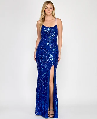 Crystal Doll Juniors' Floral Sequined Sleeveless Gown