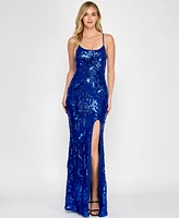 Crystal Doll Juniors' Floral Sequined Sleeveless Gown
