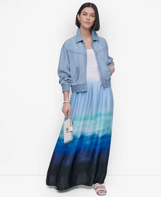 Dkny Womens Chambray Zip Front Bomber Jacket Sleeveless Printed Satin Maxi Dress