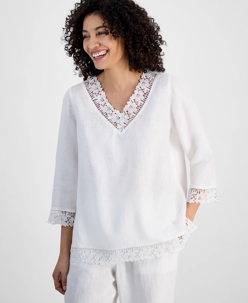 Charter Club Petite Lace-Trim Linen V-Neck Tunic, Exclusively at Macy's