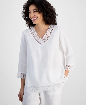 Charter Club Petite Lace-Trim Linen V-Neck Tunic, Exclusively at Macy's