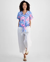 Charter Club Petite 100% Linen Floral-Print Tie-Front Shirt, Exclusively at Macy's