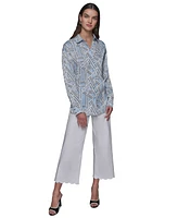 Karl Lagerfeld Paris Women's Satin Geo-Print Oversized Button-Front Top