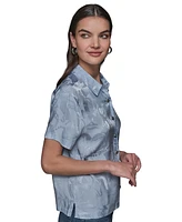 Karl Lagerfeld Paris Women's Short Sleeve Jacquard Button Front Top
