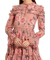Mac Duggal Women's Long Sleeve Lace Up Front Tiered Ruffle Dress