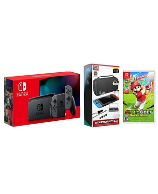 Nintendo Switch 32GB Console Gray Joy-Con Bundle with Surge 11-In-1 Accessory Starter Pack and Mario Golf Super Rush