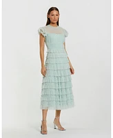 Mac Duggal Women's Solid Mesh Dot Micro Ruffle High Neck Midi Dress