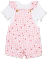 Little Me Baby Girls 2-Pc. T-Shirt & Strawberry Check Shortall Set