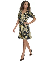 Tommy Hilfiger Women's Puff-Sleeve Printed V-Neck Dress