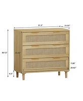 31.50"3-Drawers Rattan Storage Cabinet Rattan Drawer (Set of 2),for Bedroom,Living Room,Dining Room,Hallways,Oak