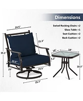 Aoodor Outdoor Swivel Chair Set - 3-Piece Patio Furniture with Two 360-Degree Chairs, Glass Table, and Thick Cushions Backrests