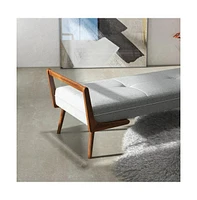 Mid-Century Modern Gray Upholstered Bench, Tufted Fabric Seat with Walnut Wood Frame-The Pop Home