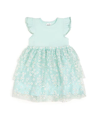 Sweet Wink Toddler Girls Aqua Ditsy Daisy Easter Tiered Short Sleeve Tutu Dress