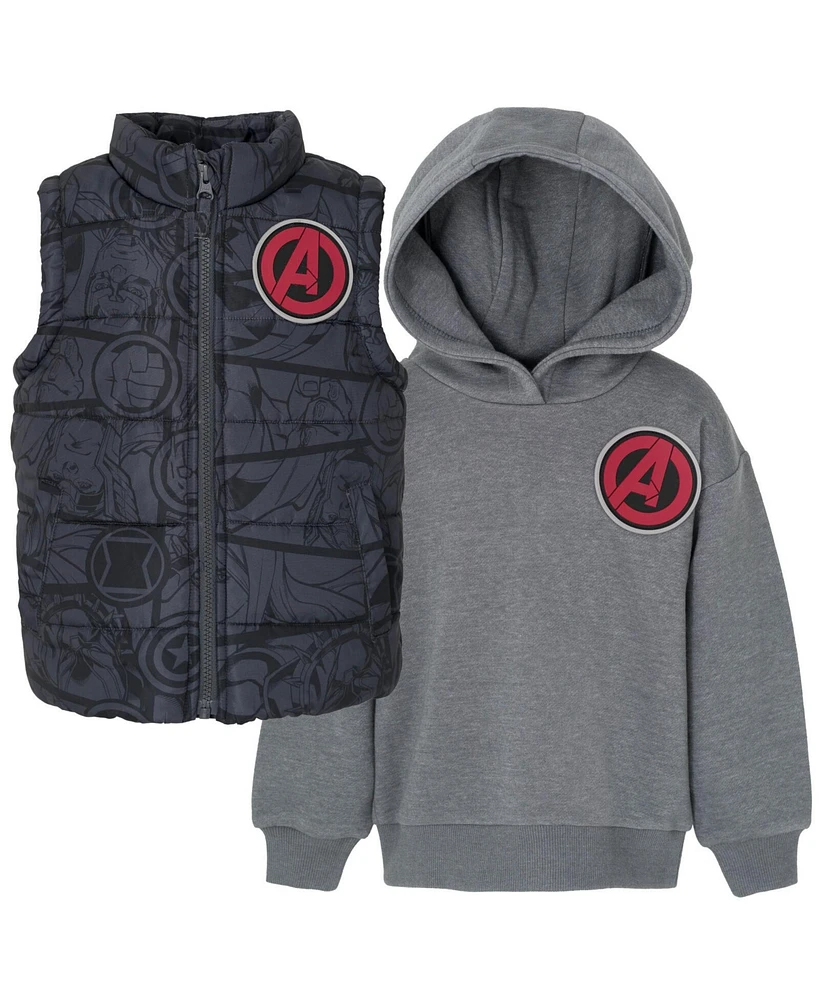 Avengers Toddler Boys Marvel Zip Up Vest 2fer Jacket and Pullover Fleece Hoodie