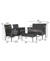 Gymax 4PCS Rattan Furniture Set Cushioned Sofa Coffee Table Backyard Porch Patio