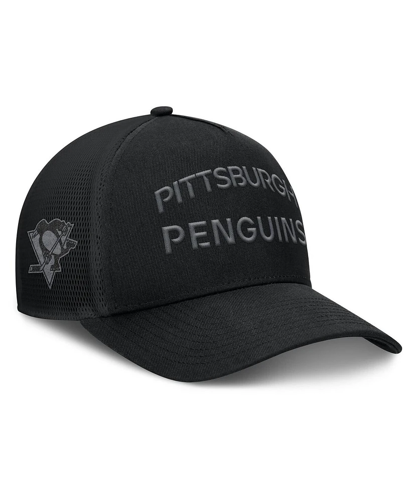 Fanatics Men's Black Pittsburgh Penguins Authentic Pro Road Stack Text A-Frame Adjustable Hat