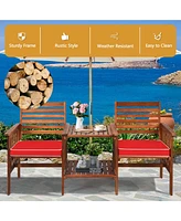 Gymax Patio Outdoor Conversation Set Acacia Wood Loveseat w/ Cushion Table