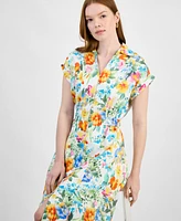 T Tahari Women's Collared V-Neck Cap-Sleeve Midi Dress