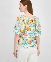 T Tahari Women's Floral-Print Embroidered V-Neck Blouse