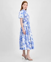 T Tahari Women's Puff-Sleeve Button-Front Midi Dress