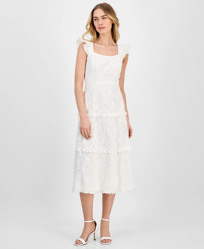 Anne Klein Women's Eyelet Square-Neck Tiered Midi Dress