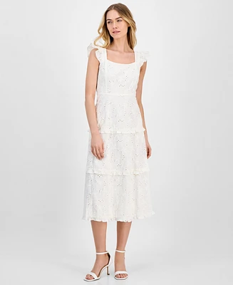 Anne Klein Women's Eyelet Square-Neck Tiered Midi Dress