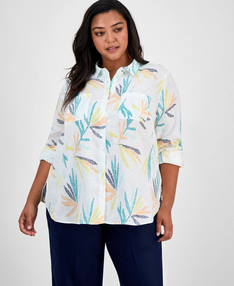 Charter Club Plus 100% Linen Palm Print Shirt, Exclusively at Macy's