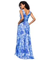 Betsy & Adam Women's Floral V-Neck Ruched-Waist Gown