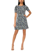 Msk Petite Floral-Print Puff-Sleeve Shift Dress