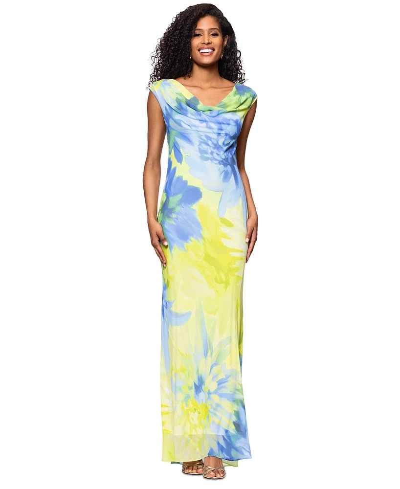 Betsy & Adam Women's Printed Cowlneck Sleeveless Gown