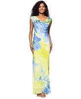 Betsy & Adam Women's Printed Cowlneck Sleeveless Gown