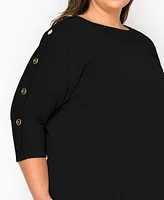 Coin 1804 Plus Textured Rib Button Shoulder 3/4 Sleeve Top