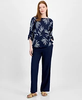 Charter Club Women's 100% Linen Textured Palm-Print Top, Exclusively at Macy's