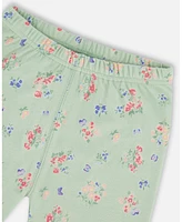 Deux par Big Girls Cotton Two-Piece Short Pajama Set Small Pink And Blue Flowers On Light Sage