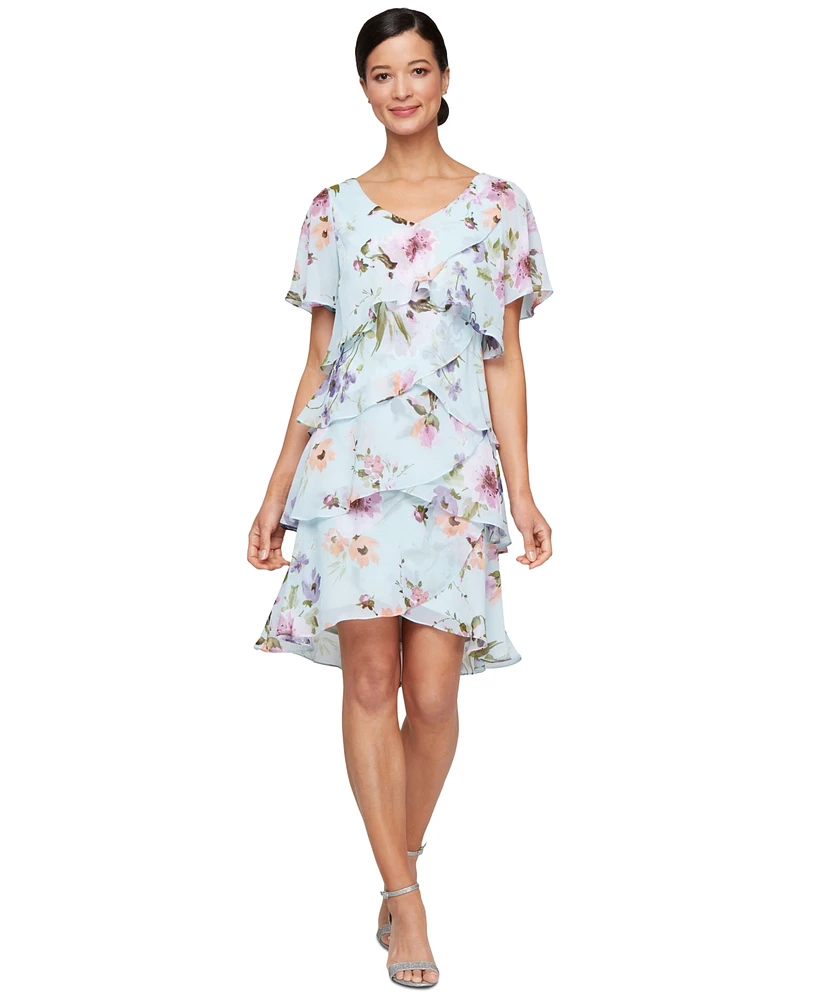 Sl Fashions Women's Floral Ruffle-Tiered Flutter-Sleeve Dress