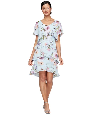 Sl Fashions Women's Floral Ruffle-Tiered Flutter-Sleeve Dress