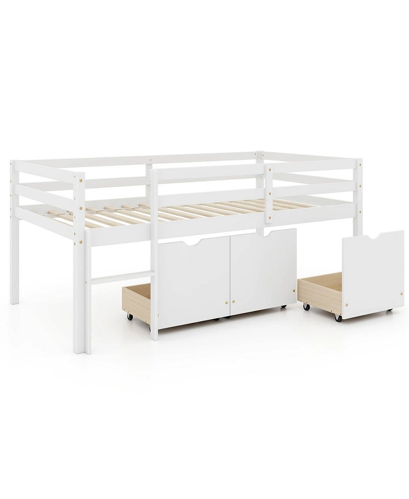 Twin Size Low Loft Bed with 3 Drawers with Ladder and Full-length Guardrails