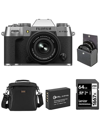 Fujifilm X-T50 Mirrorless Camera with Xc 15-45mm f/3.5-5.6 Ois Pz Lens, Silver, Bundle with Li-Ion Battery, 64GB Sdxc Memory Card and 52mm Filter Kit
