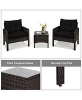 Gymax 3PCS Patio Rattan Conversation Furniture Set Yard Outdoor w/ Cushions Coffee Table