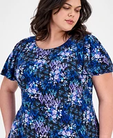 Connected Plus Printed Scoop-Neck Flutter-Sleeve Shift Dress