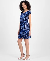 Connected Petite Printed Short-Sleeve Faux-Wrap Sheath Dress