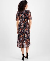 Connected Petite Printed Mesh High-Low Faux-Wrap Dress