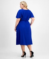 Connected Plus Tie-Waist Flutter-Sleeve Midi Dress