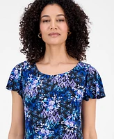 Connected Petite Printed Scoop-Neck Flutter-Sleeve Shift Dress