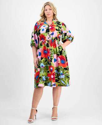Sandra Darren Plus Print Tie-Waist 3/4-Sleeve Midi Dress
