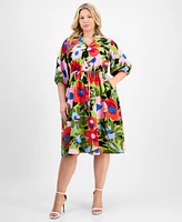 Sandra Darren Plus Print Tie-Waist 3/4-Sleeve Midi Dress
