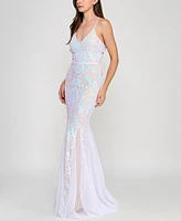 Crystal Doll Juniors' Lace-Up-Back Sequin Mesh Gown